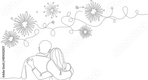 Continuous line drawing of couple watching fireworks celebration together