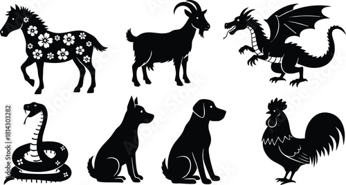 Silhouettes of horse goat dragon cobra dog and rooster vector illustration collection