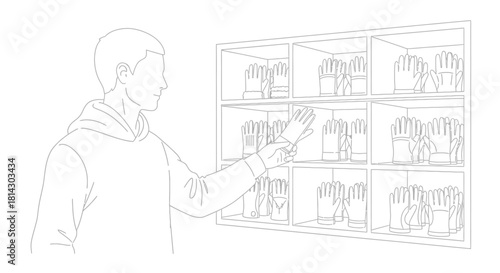 Man in hoodie selecting protective gloves from a shelf in outline illustration