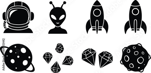 Space exploration icons astronaut alien rocket planet asteroid diamond vector set