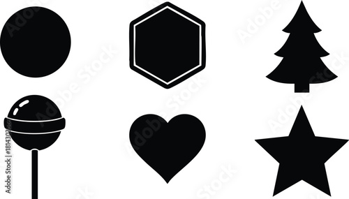 Simple black silhouette icons including circle, hexagon, tree, lollipop, heart, and star shapes vector illustration