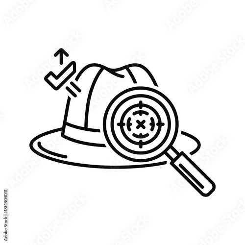 Illustration of a hat with a magnifying glass, representing investigation and search for clues isolated on