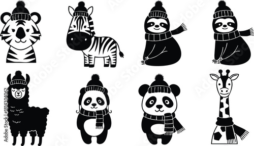 Cute winter animals wearing hats and scarves vector illustration with tiger zebra sloth llama panda giraffe in black and white style