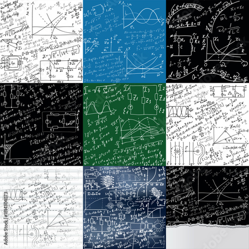 A collection of mathematical equations and formulas on a blackboard. A set of hand-drawn diagrams and graphs on white, black, blue backgrounds.