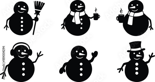 Black silhouette snowmen winter characters with accessories and gestures vector illustration