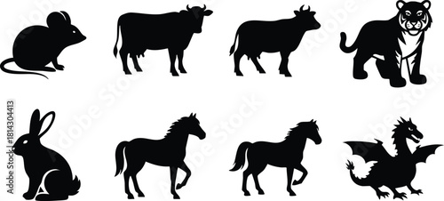 Collection of black silhouette animal vector designs including mouse, cow, tiger, rabbit, horse, and mythical dragon creatures