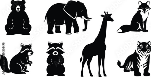 Wild animal silhouettes including bear elephant giraffe fox raccoon tiger simple vector design