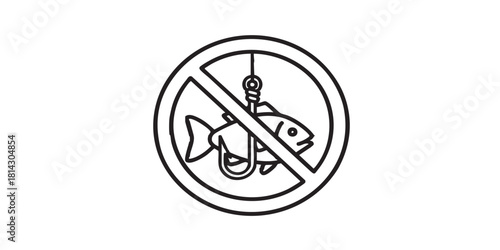 No tropical fish and hook line icon, prohibited activity concept, fishing is forbidden sign on white background, outline style for mobile web design. Vector graphic