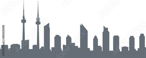 Modern city skyline vector illustration, urban panorama silhouette, metropolitan skyline with twin towers and spires, minimalist architectural outline, high-contrast skyline