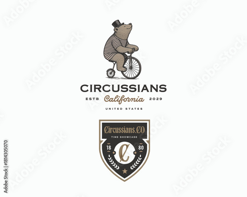 Classic Circus bear riding bycle logo template for show festival 