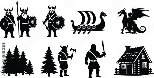 Viking warriors with shield and axe, dragon ship illustration, medieval fantasy characters and forest trees vector set