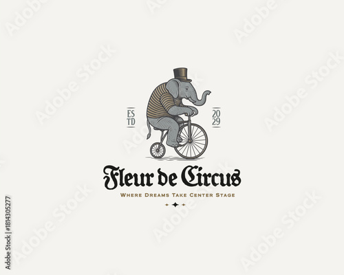 Classic Circus elephant riding bycle logo template for show festival 