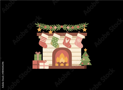 Cozy Christmas Chimney: A festive scene, showcasing a warmly lit fireplace adorned with Christmas stockings, decorative garland, gifts and a cheerful Christmas tree, creating a comforting atmosphere.