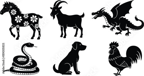 Zodiac animal silhouettes horse goat dragon snake dog rooster vector illustration black and white design