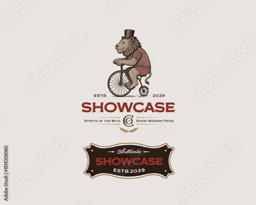 Classic Circus lion riding bycle logo template for show festival 