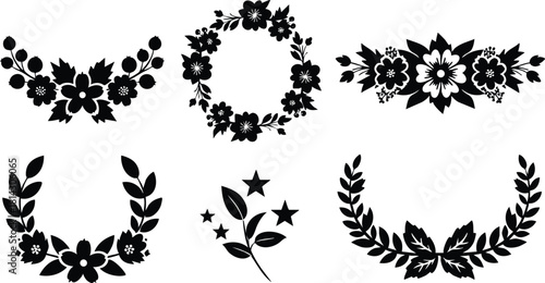 Black floral wreaths and decorative flower branch vector set for elegant design and ornamental use
