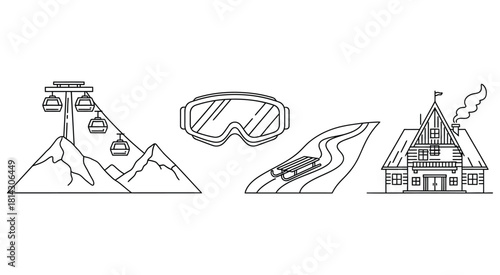 Simple line art illustration of ski resort elements and activities
