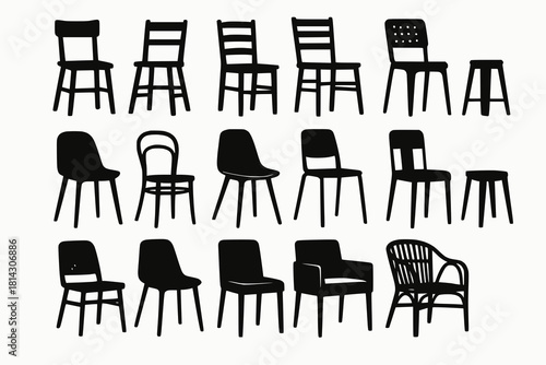 Chair Icons by Material with Wooden, Metal, Plastic, Upholstered and Rattan Styles in Black Silhouettes on White Background