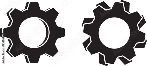 Gear and Cogwheel Icons. 3D Bold Black and White Settings, Mechanical, Engineering and Industrial Symbols.