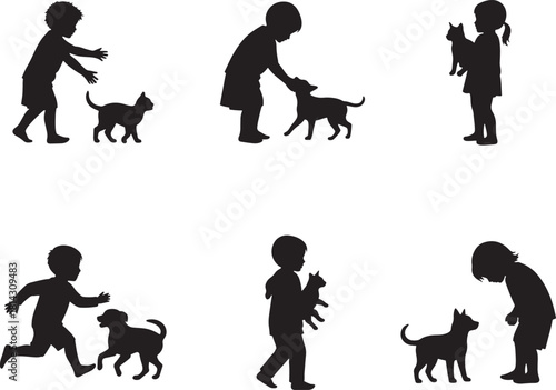 Kids Playing With Pets Dog Cat Silhouette Vector Set