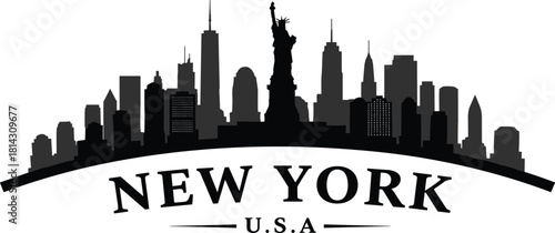 New York City skyline silhouette vector, Statue of Liberty foreground, Manhattan skyscrapers, One World Trade Center, Empire State Building, USA city landmark
