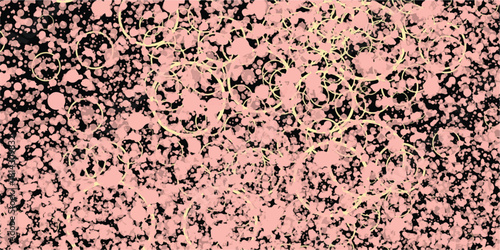 Scattered pink and light yellow circular shapes and rings on a black background, creating a vibrant, abstract, and festive pattern