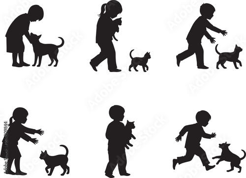 Kids Playing With Pets Dog Cat Silhouette Vector Set
