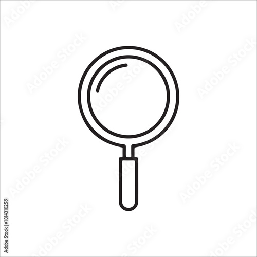 Simple black and white line art icon representing a magnifying glass for search, discovery, or investigation