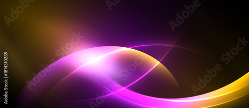 Abstract flowing lines, vibrant colors, purple, yellow, bright light. Smooth gradients create dynamic visual effect.