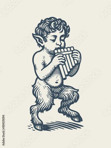 Faun playing pan flute vintage engraving style vector illustration