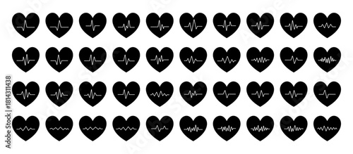 Black Heartbeat Icon Set – ECG Pulse Heart Symbols Collection