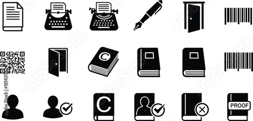 Publishing and Authorship Icon Set, Writing Tools, Typewriter and Fountain Pen, Books and Copyright, QR and Barcode, Identity Verification Symbols