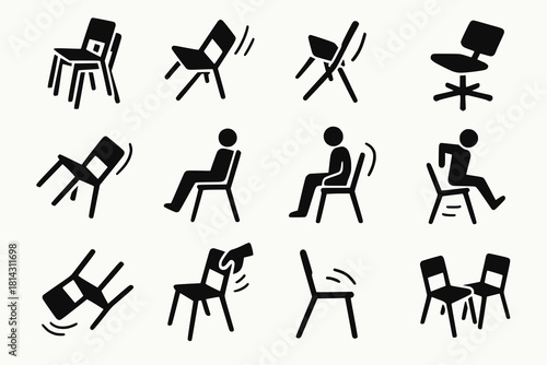 Chair Icons in Motion and Interaction with Stacked, Folded, Rotated and Occupied Forms in Black Silhouette on White Background