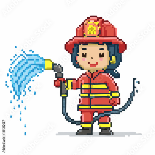 Pixel art illustration of a cute firefighter character in a red uniform holding a hose and spraying water.