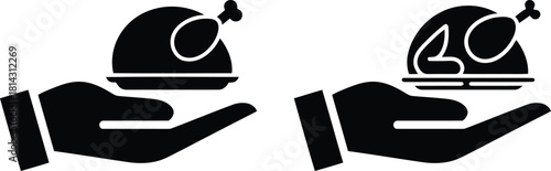 Hand Serving Roasted Chicken Icon. Turkey Platter Thanksgiving Food Delivery, Catering, and Restaurant Service Graphic.