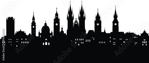 Prague skyline silhouette, historic Gothic and Baroque towers, clock faces and spires, minimalist city outline vector, European architectural landmark artwork
