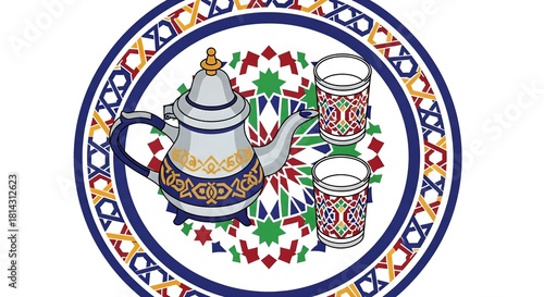 Vibrant Moroccan teapot, tea glasses, geometric patterns, cultural art.