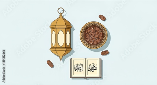 Islamic celebration items: lantern, dates, Quran. Perfect for Ramadan or Eid.