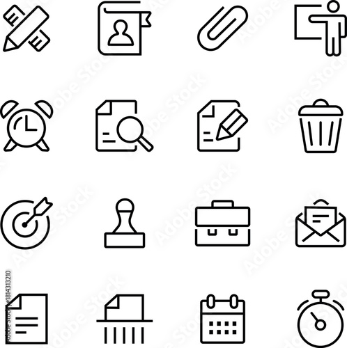 Office Icons Set With Documents, Tools And Timely Symbols For Organization And Communication