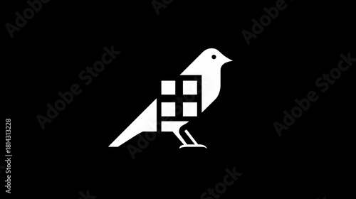 A stark white bird silhouette with a square grid embedded in its body, set against black