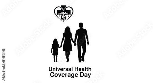 Silhouette of a family walking with a heart and cross symbol universal health coverage
