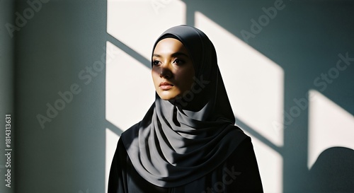 Pensive young Muslim woman in hijab, dramatic window shadows on wall.