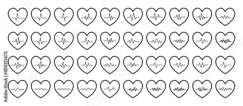 Black Outline Heartbeat Icon Set – ECG Pulse Heart Line Symbols Collection