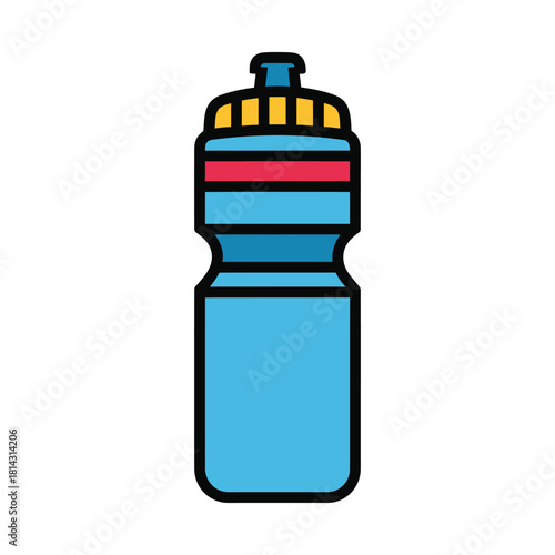 Simple illustration of a blue water bottle with a yellow cap and red band, perfect for sports and fitness themes