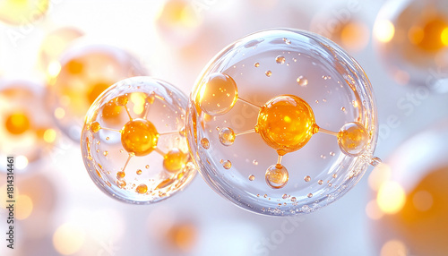 Fototapeta Naklejka Na Ścianę i Meble -  オレンジの光を帯びた美容分子構造の3Dイメージ。ビタミンCやレチノールなどの美容成分訴求に最適。
3D rendering of glowing orange molecular structures symbolizing beauty ingredients such as vitamin C and retinol.