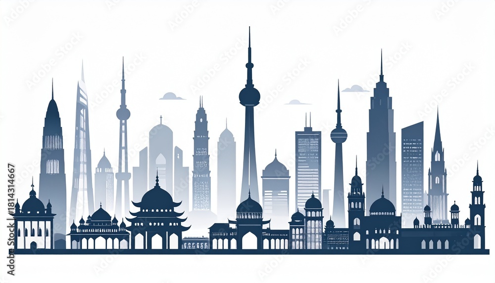 Obraz premium Silhouette of a world famous city skyline with various landmarks and skyscrapers
