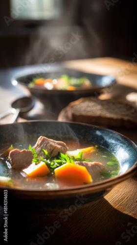 Traditional Homemade Beef and Vegetable Soup in Rustic Bowl with Fresh Bread . AI generative.
