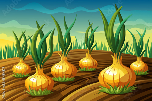 Golden onions with long green stems pushing upward from warm textured earth in open field