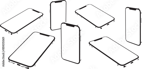 Set of isometric modern smartphone frame mockup vectors with blank screens in multiple angles