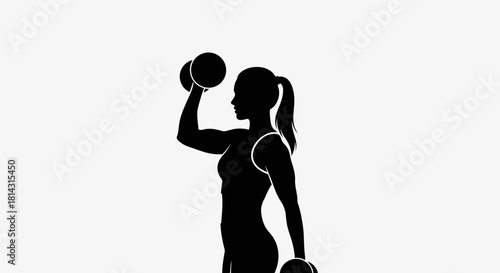 Silhouette of a fit woman performing a bicep curl exercise with dumbbells.